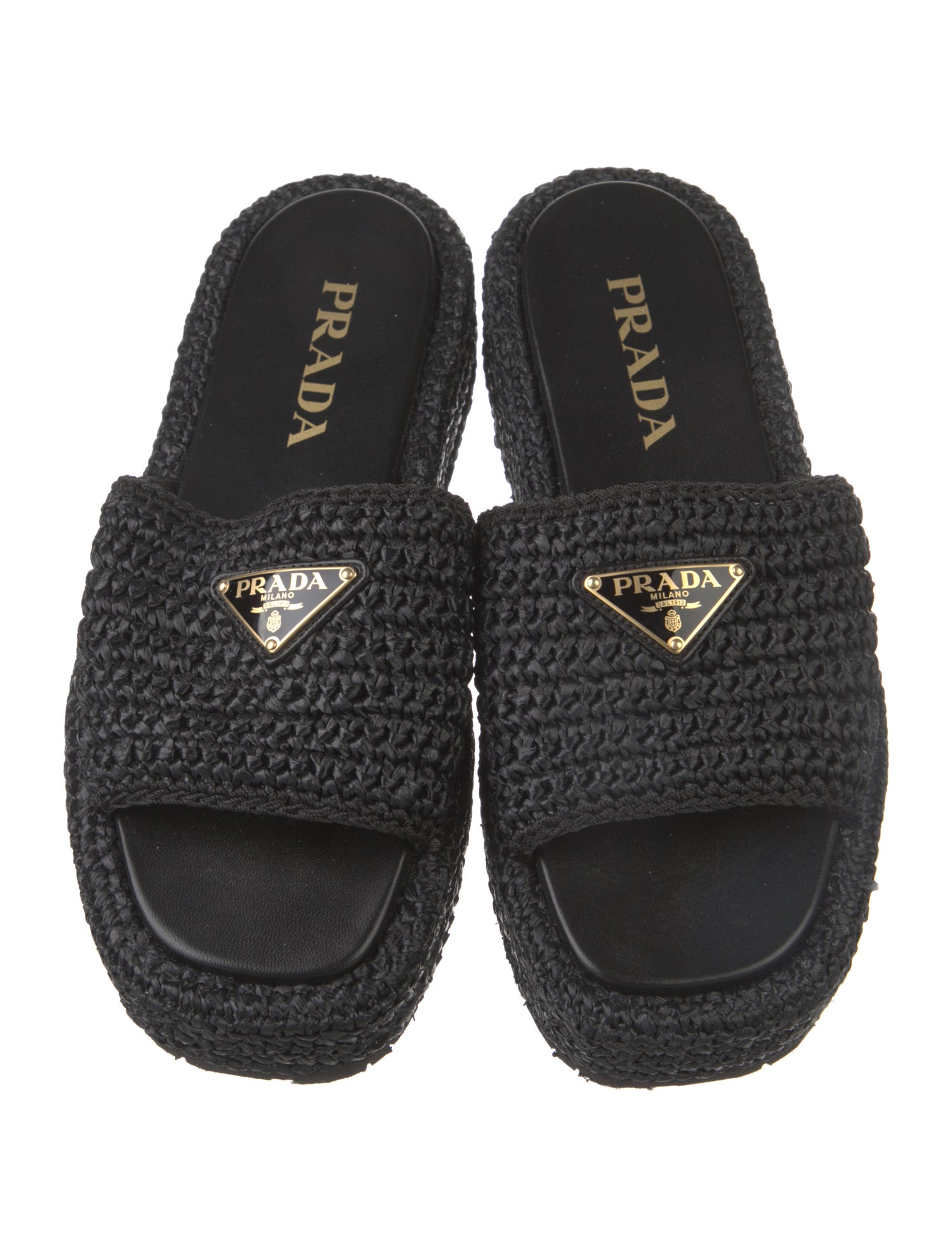 Prada Enameled Metal Triangle Raffia Espadrilles